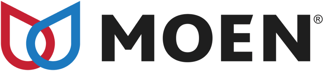 Moen logo with red and blue water drops.