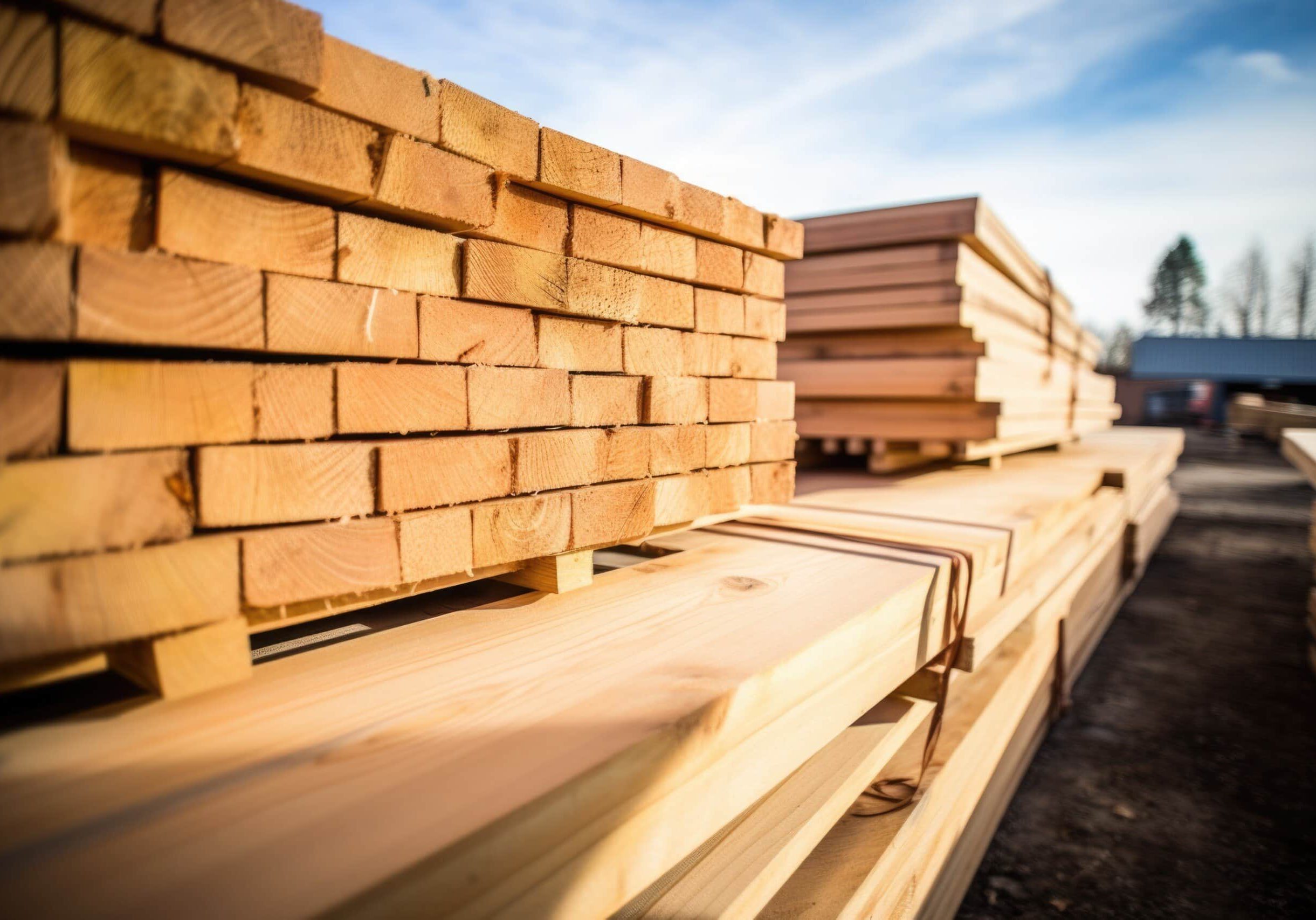 Stacked lumber planks in outdoor yard