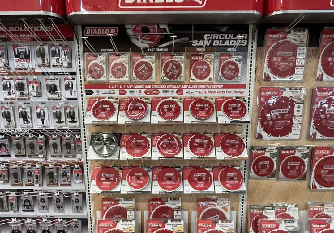 Diablo circular saw blades on store display.