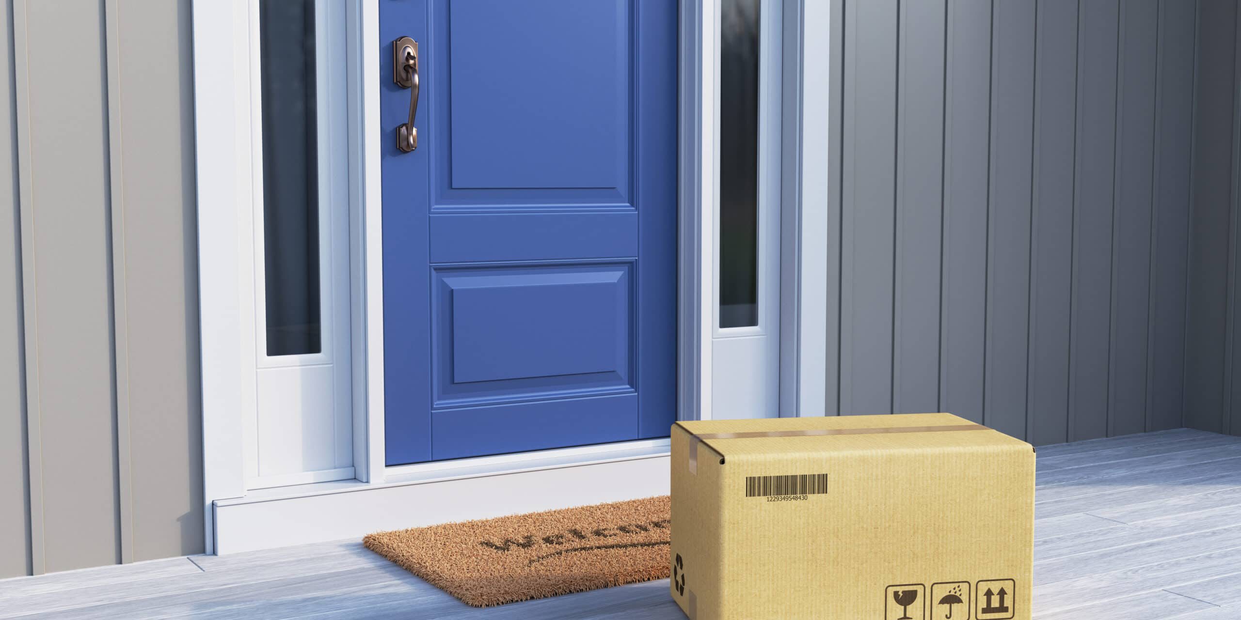 Package on doorstep next to blue door.