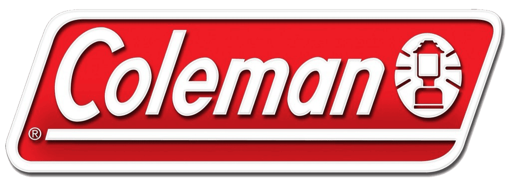 Bright red Coleman logo with white text and icon, emphasizing outdoor and camping gear branding.